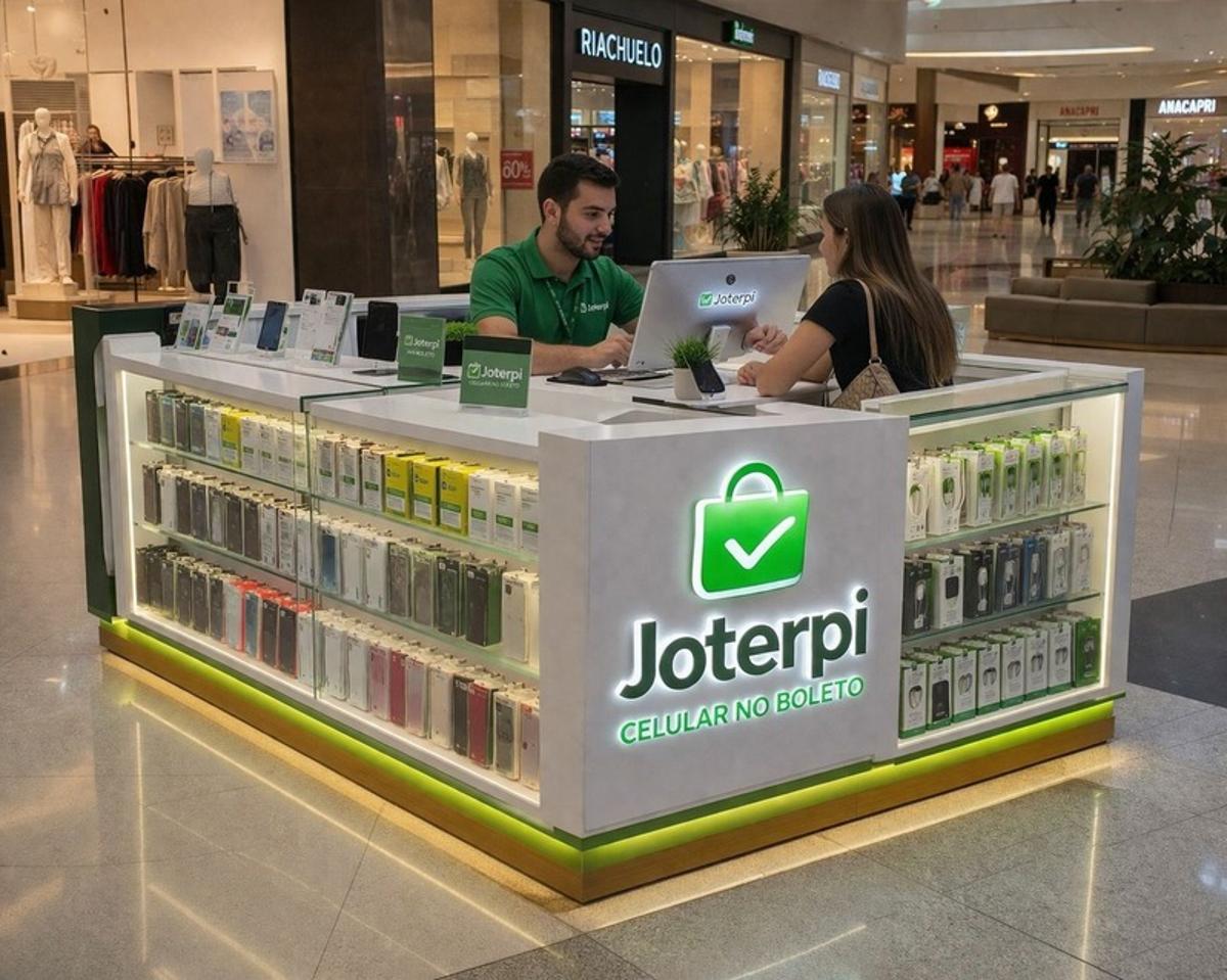 Quiosque Joterpi em shopping com equipe atendendo clientes